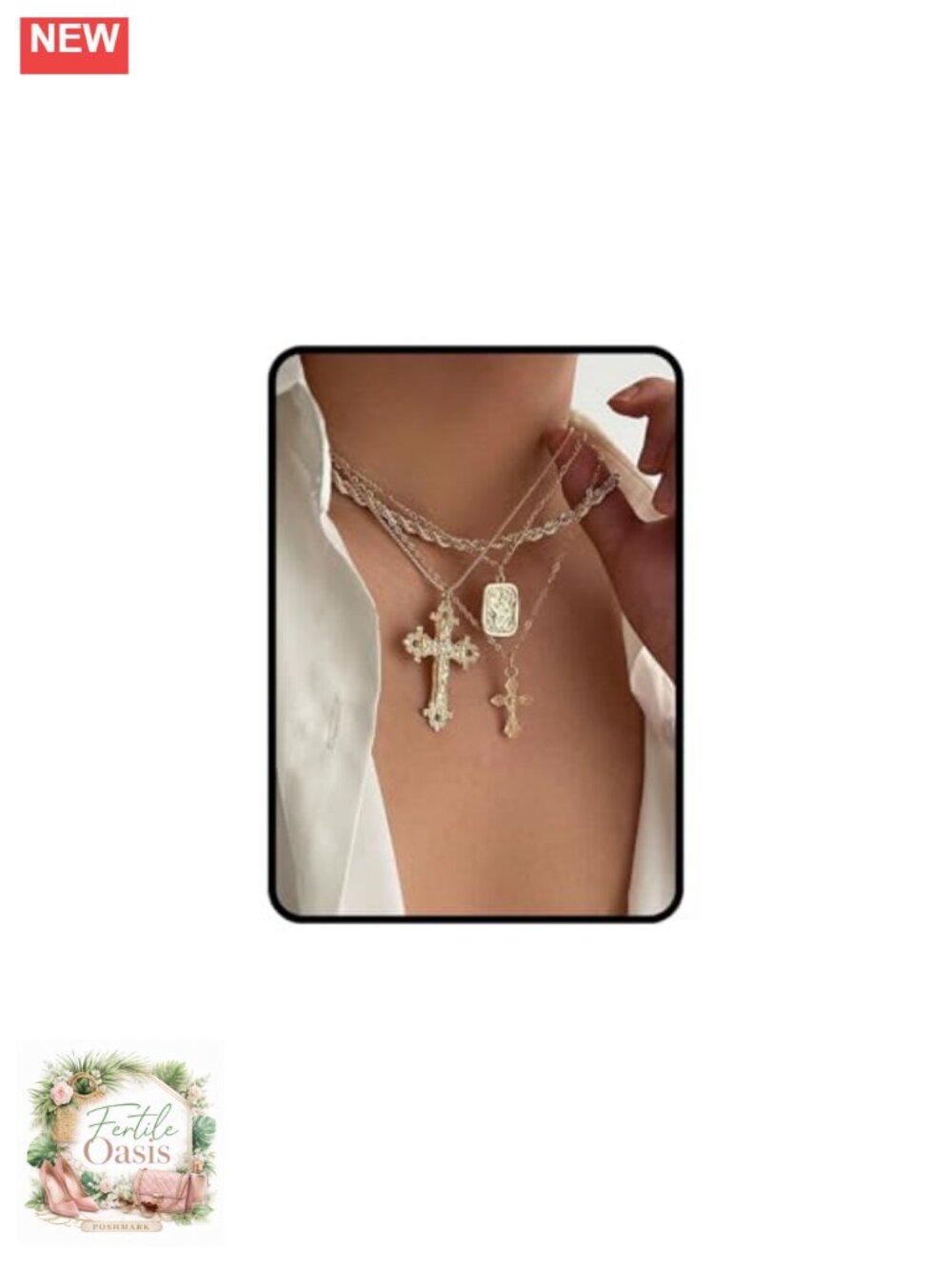 Gold Layered Cross Necklace Set for Women 4Pcs Chunky Choker Pendant Vintage
